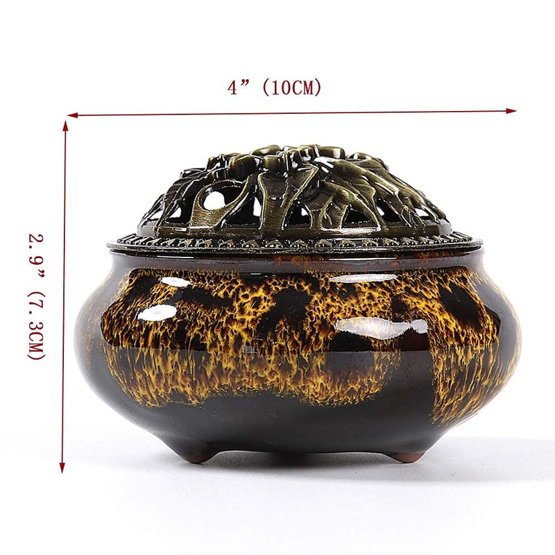 LamDawn Incense Burner with Calabash Incense Stick Holder - Porcelain Charcoal Censer for Use with Resin Granular Powder Cone or Coil Incense (Fambe Yellow) - Image 5